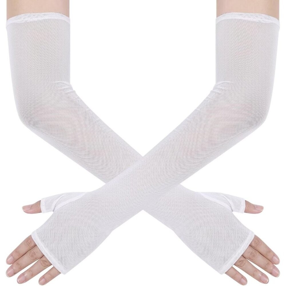 Women's Long White Tulle Sheer Satin Gloves Elbow Length Wedding Party Costume